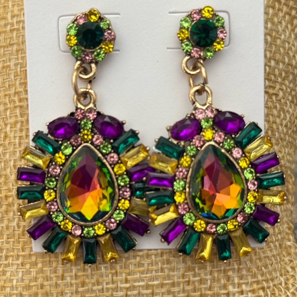 Colorful Gemstone Drop Earrings Mardi Gras NEW